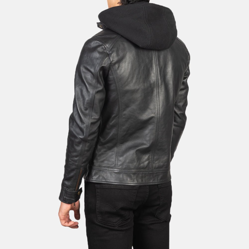 Hector Black Hooded Leather Biker Jacket - Image 5