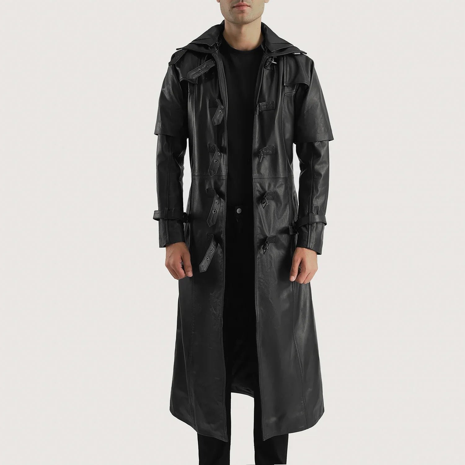 Huntsman Black Hooded Leather Trench Coat - Image 1