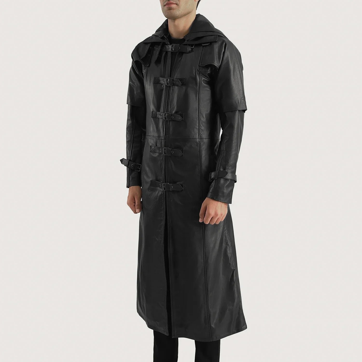 Huntsman Black Hooded Leather Trench Coat - Image 2