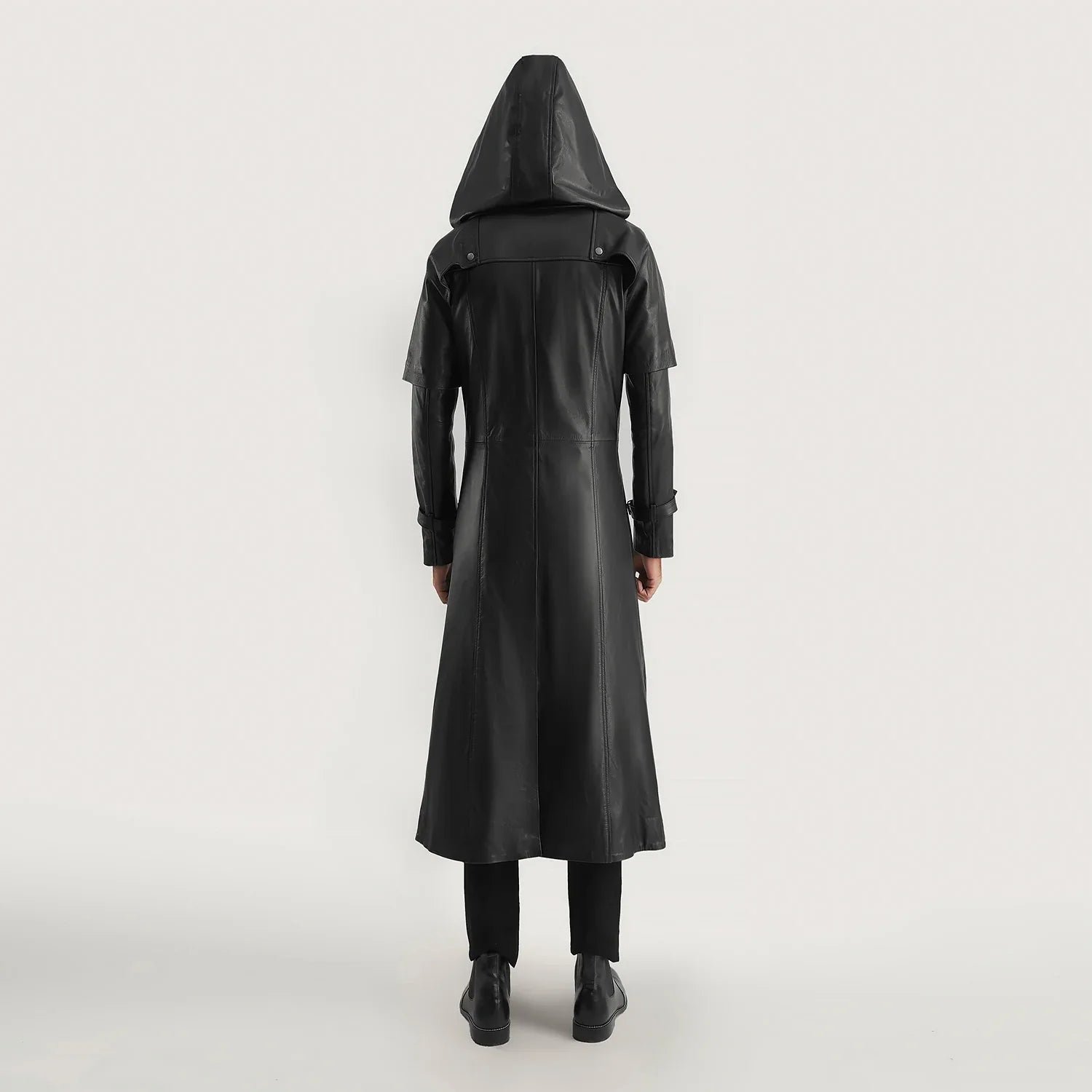Huntsman Black Hooded Leather Trench Coat - Image 5