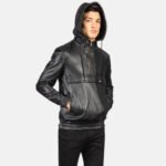 Kenton Hooded Black Leather Pullover Jacket - Image 4