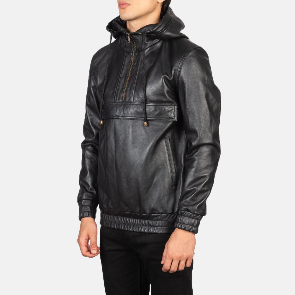 Kenton Hooded Black Leather Pullover Jacket - Image 2