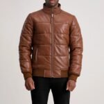 Lucas Brown Leather Puffer Bomber Jacket - Image 4