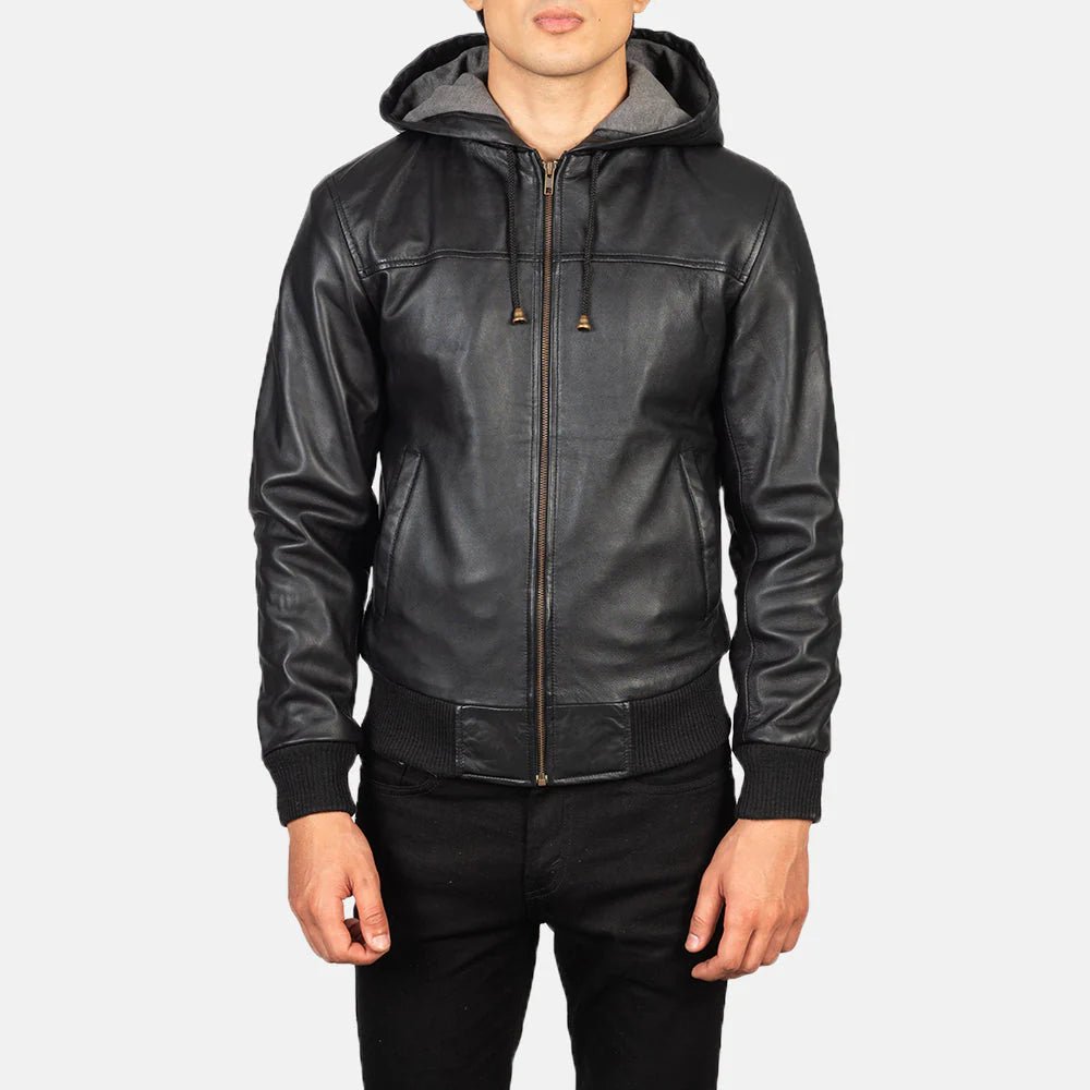 Men_s_Nintenzo_Black_Hooded_Leather_Jacket_Close_Front_30492d50-26ce-4759-be54-27339a81db37-1 Nintenzo Black Hooded Leather Bomber Jacket - Image 1