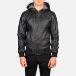 Nintenzo Black Hooded Leather Bomber Jacket - Image 4