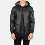 Nintenzo Black Hooded Leather Bomber Jacket - Image 2