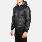 Nintenzo Black Hooded Leather Bomber Jacket - Image 2