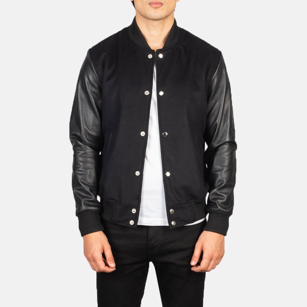 Men_s_Vaxton_Black_Hybrid_Varsity_Jacket_Open_Front_4fc24f21-bad9-4046-a17f-256d9e486f46 Vaxton Black Hybrid Varsity Jacket - Image 1
