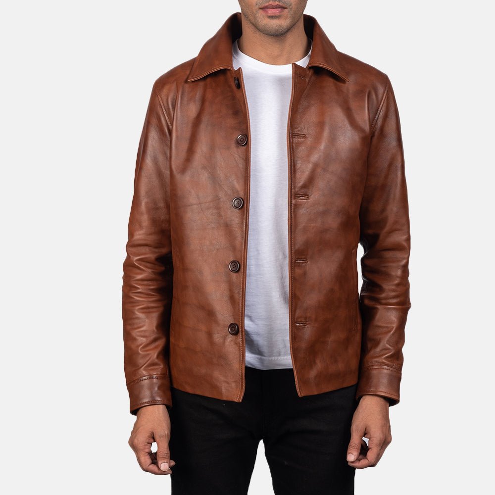 Waffle Brown Leather Jacket - Image 1