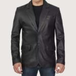 Mens Two Button Black Leather Blazer Jacket - Image 5
