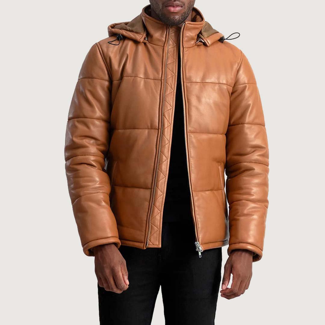 Untitled-1_42c80a4c-071f-458c-b13b-a6aea3e4227d Gordon Tan Hooded Leather Puffer Jacket - Image 1