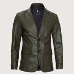 Men’s Military Green Real Leather Blazer