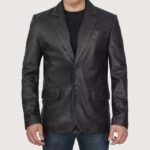Mens 2 Button Closure Black Leather Blazer - Image 4