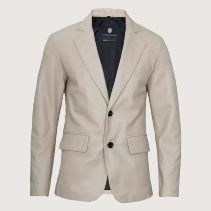 Mens Sports Beige Leather Blazer - Two Button