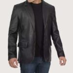 Mens 2 Button Closure Black Leather Blazer - Image 3
