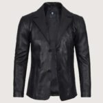 Men's Stylish Black Leather Blazer - Two Button