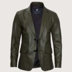 Men’s Military Green Real Leather Blazer - Image 3