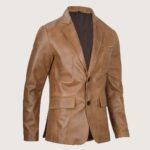 Men's Two Button Classic Camel Brown Leather Blazer - Image 3