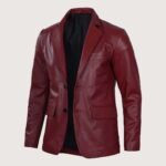 Plush Polyester Lining Maroon Leather Blazer - Image 3