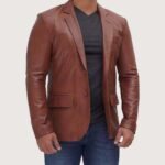 Mens Tan Outer Pocket Leather Blazer Jacket - Image 3