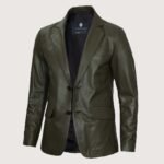 Men’s Military Green Real Leather Blazer - Image 4