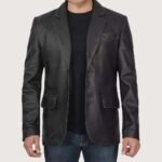 Mens 2 Button Closure Black Leather Blazer