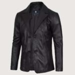 Men's Lapel Color Black Leather Blazer - Image 4