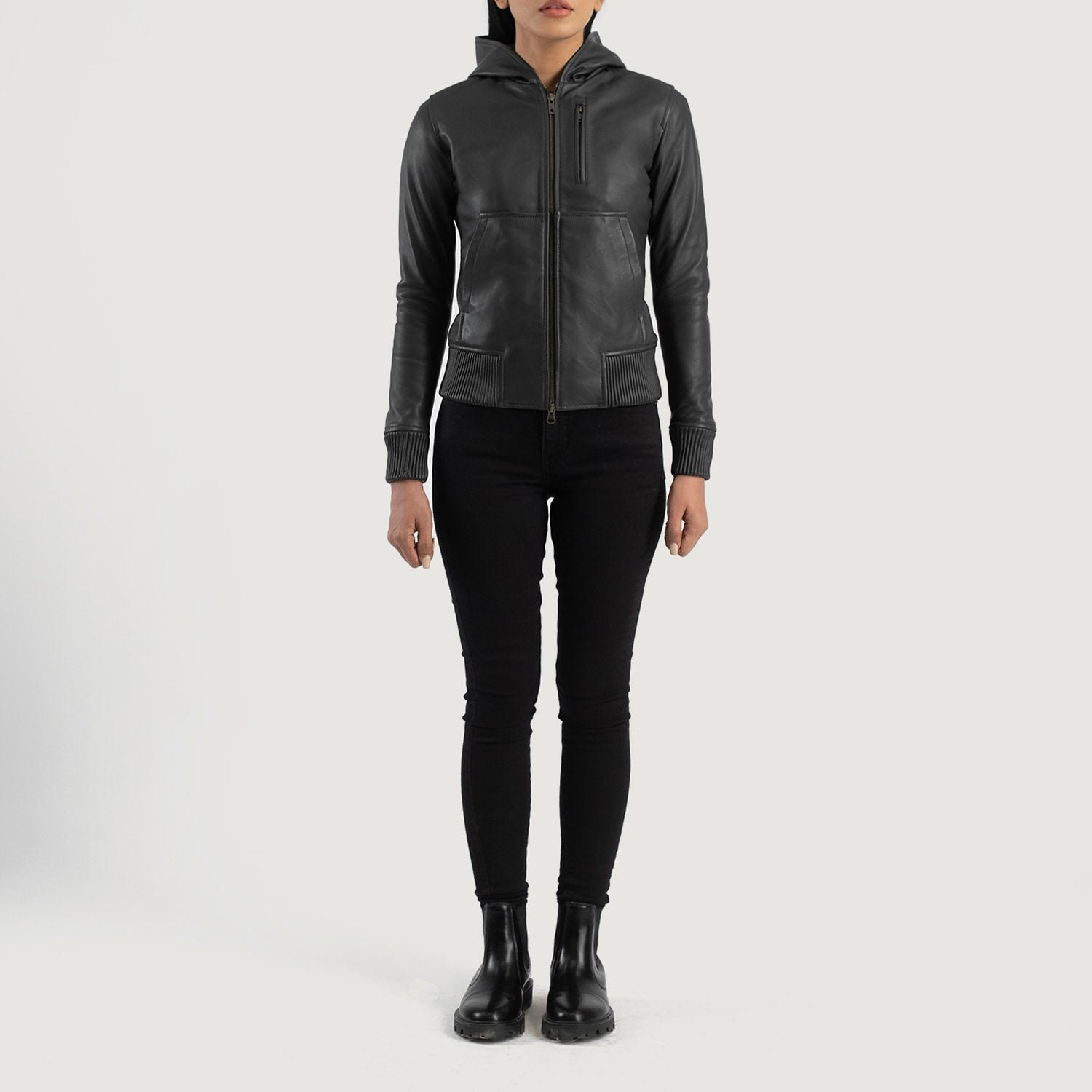 Luna Black Hooded Leather Bomber Jacket - Image 3
