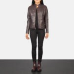 Rumella Maroon Leather Biker Jacket - Image 3