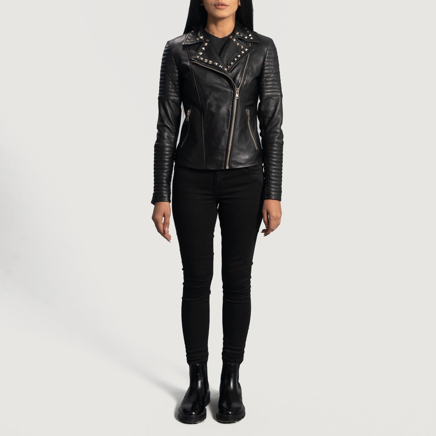 Sally Mae Studded Black Leather Biker Jacket - Image 4