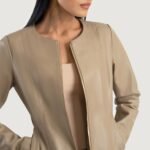 Elixir Beige Collarless Leather Jacket - Image 10