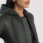 Luna Green Hooded Leather Bomber Jacket - Image 6