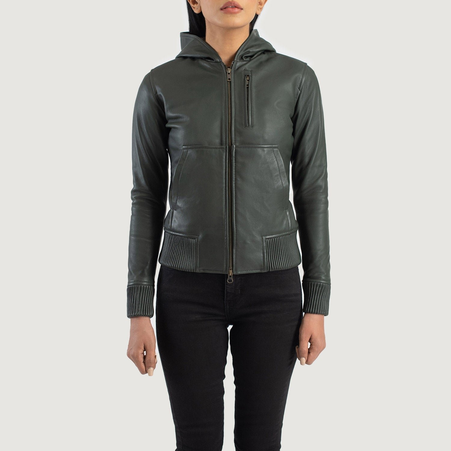 Luna Green Hooded Leather Bomber Jacket - Image 4