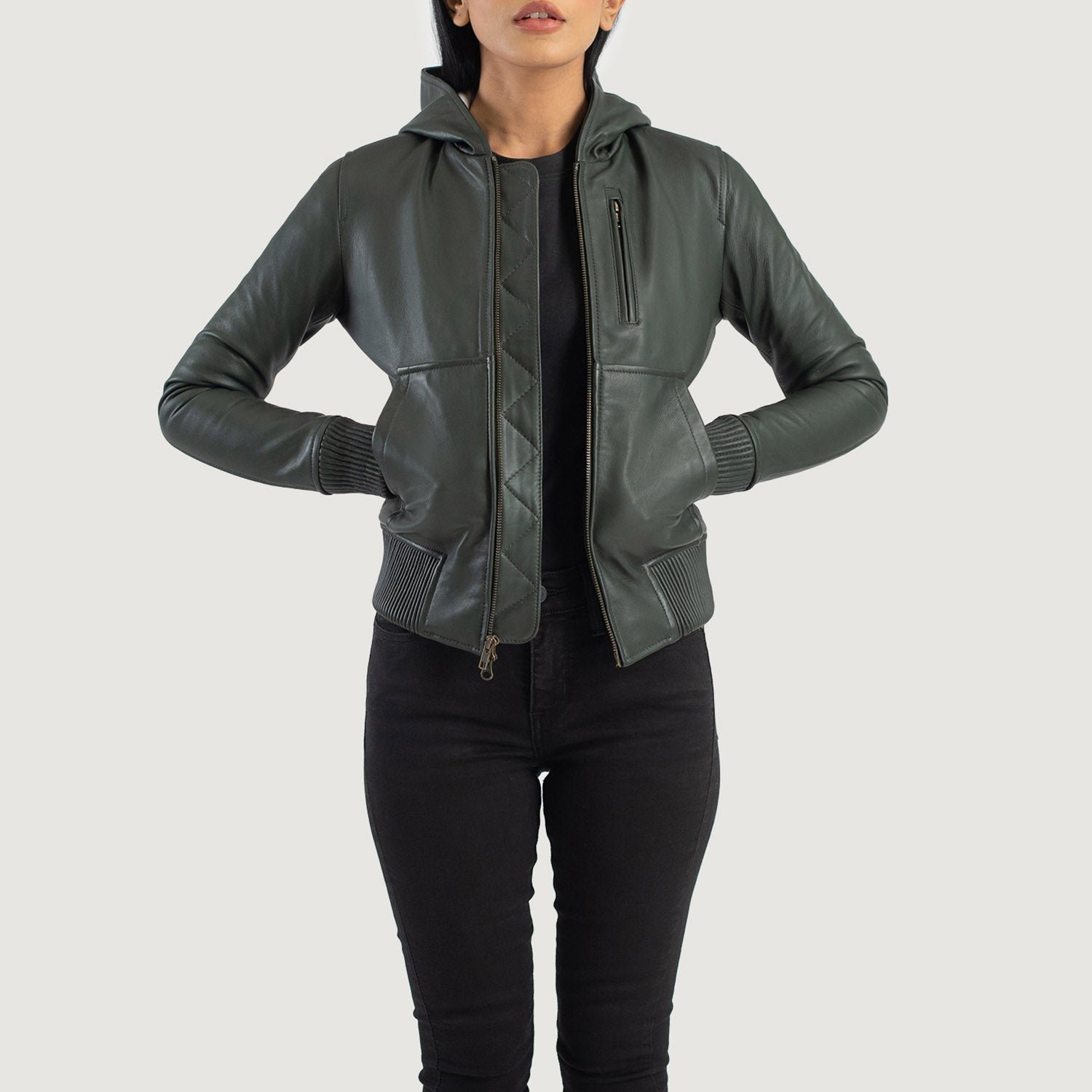 Luna Green Hooded Leather Bomber Jacket - Image 1