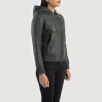 Luna Green Hooded Leather Bomber Jacket - Image 2