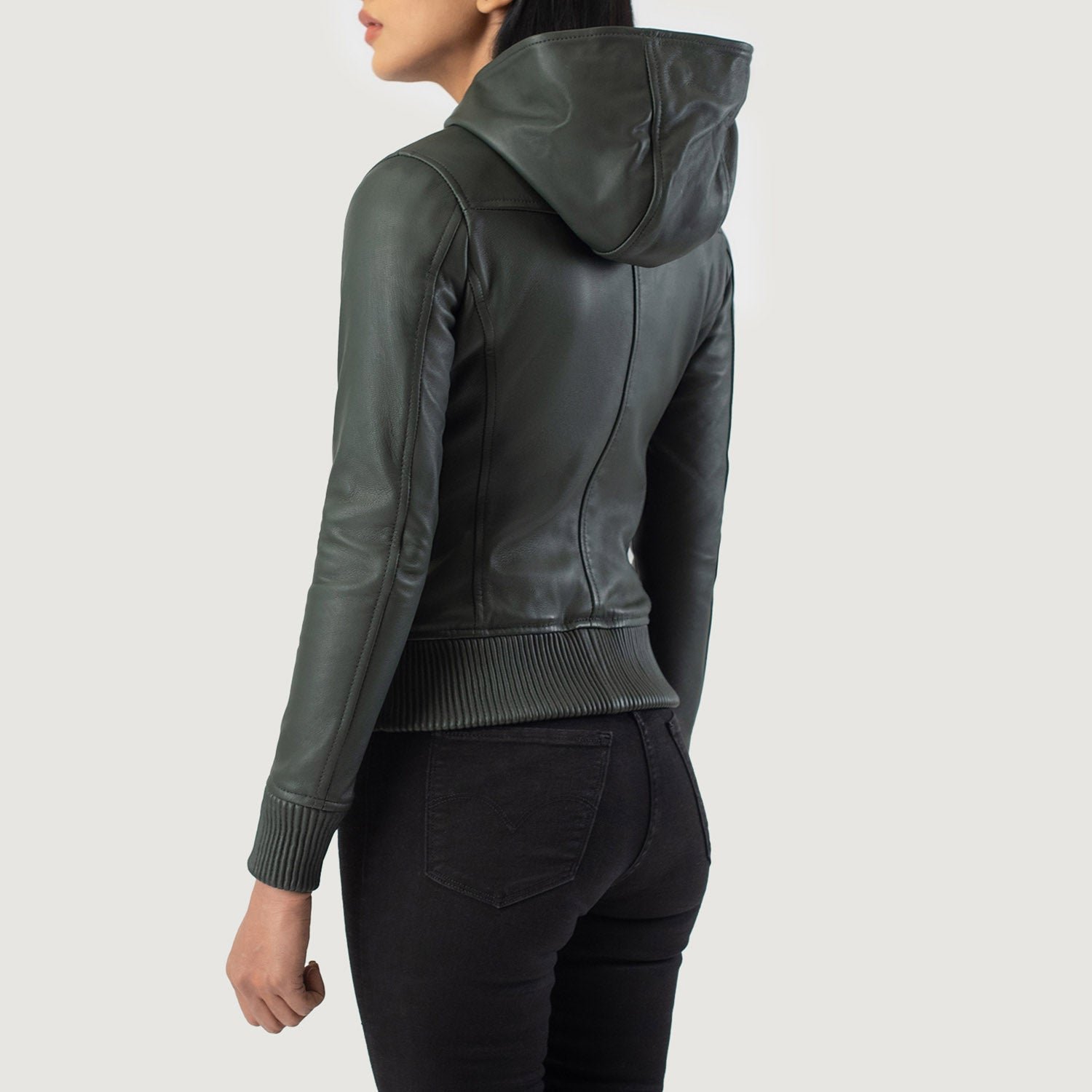 Luna Green Hooded Leather Bomber Jacket - Image 5