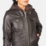 Roslyn Brown Hooded Leather Bomber Jacket - Image 6