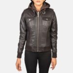Roslyn Brown Hooded Leather Bomber Jacket - Image 4