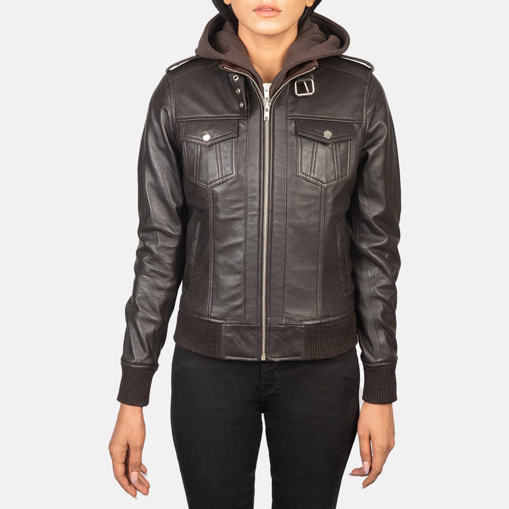 Roslyn Brown Hooded Leather Bomber Jacket - Image 4