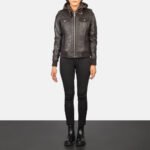 Roslyn Brown Hooded Leather Bomber Jacket - Image 3