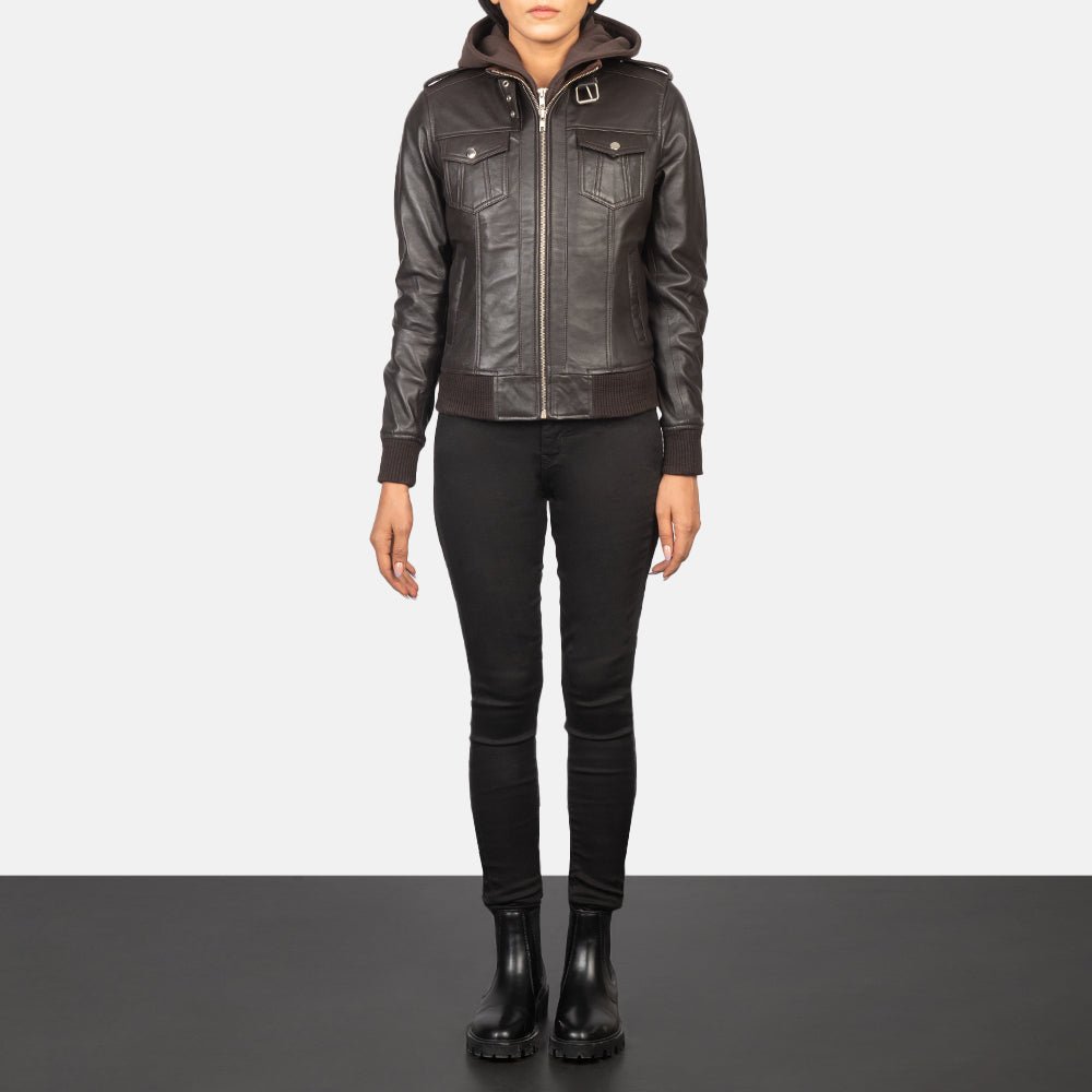 Roslyn Brown Hooded Leather Bomber Jacket - Image 3