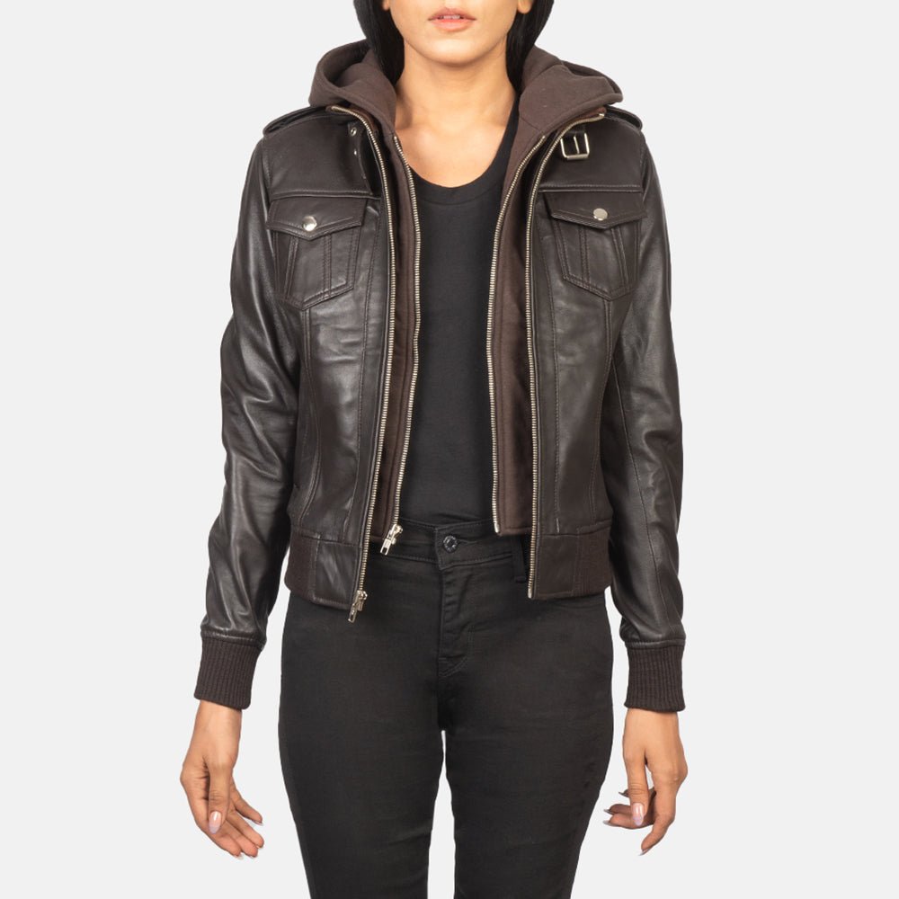 Roslyn Brown Hooded Leather Bomber Jacket - Image 1