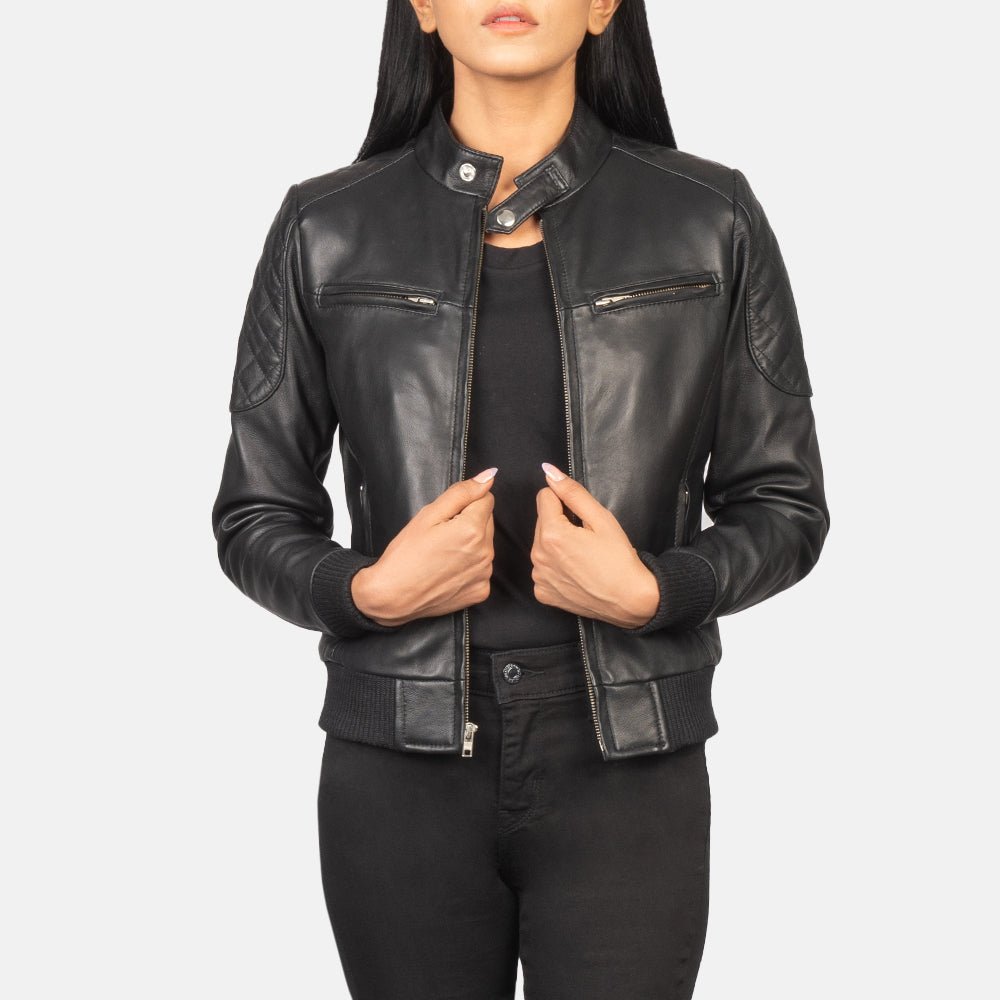 Women_s_Zenna_Black_Leather_Bomber_Jacket_Open_Front_75d1221e-604b-4161-8c71-4395a4c12ccb Zenna Black Leather Bomber Jacket - Image 1
