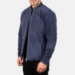 Charcoal Navy Blue Suede Biker Jacket - Image 2