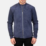 Charcoal Navy Blue Suede Biker Jacket - Image 6