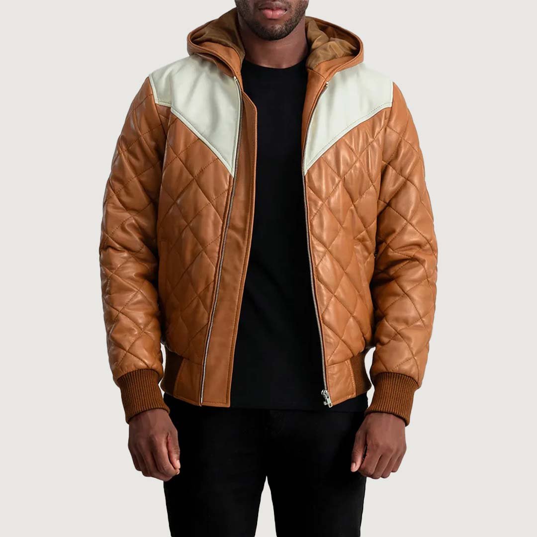 Untitled-1_4ac9645a-c48c-4eda-848a-e62b8595bc7c Norman Tan Hooded Bomber Leather Puffer Jacket - Image 1