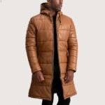 Floyd Tan Hooded Leather Puffer Coat