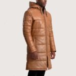 Floyd Tan Hooded Leather Puffer Coat - Image 3