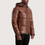 Gordon Waxed Brown Hooded Leather Puffer Jacket - Image 3