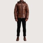 Gordon Waxed Brown Hooded Leather Puffer Jacket - Image 6